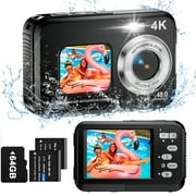 Underwater Camera 4K Dual Screen Waterproof Camera for Snorkeling with 64G SD Card,Action Camera with 16X Digital Zoom 48 MP Autofocus ,2 Battery(black)