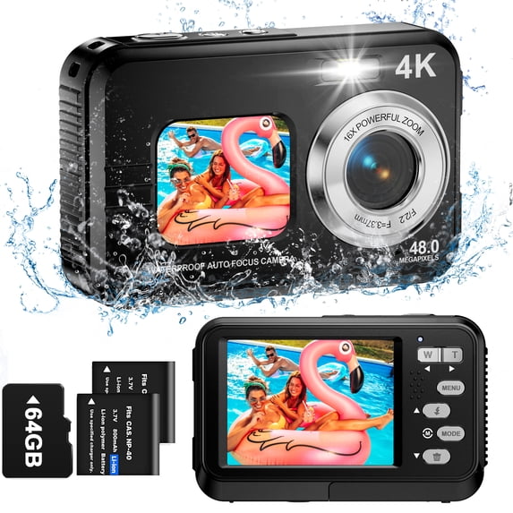 Underwater Camera 4K Dual Screen Waterproof Camera for Snorkeling with 64G SD Card,Action Camera with 16X Digital Zoom 48 MP Autofocus ,2 Battery(black)
