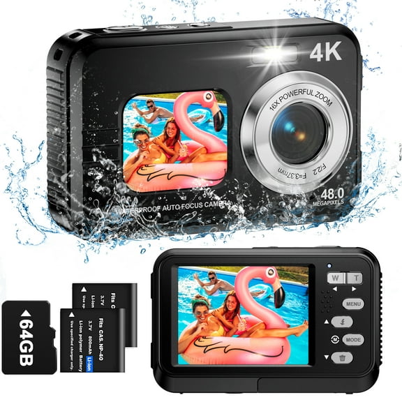 Underwater Camera 4K Dual Screen Waterproof Camera for Snorkeling with 64G SD Card,Action Camera with 16X Digital Zoom 48 MP Autofocus ,2 Battery(black)