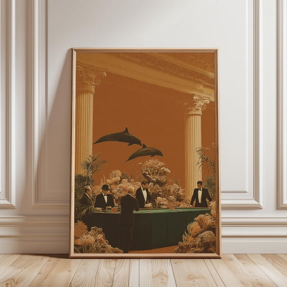 Underwater Casino Poster, Art Deco Style, Coral Orange Palette, Poster Only