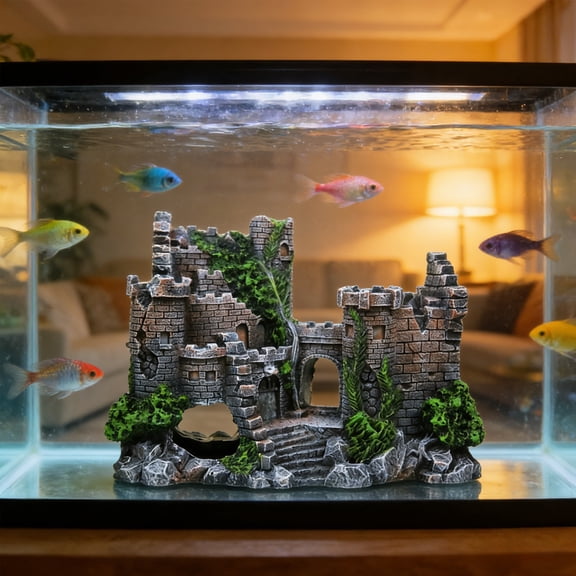 Underwater Castle Aquarium Ornament, Fish Tank Decorative Shelter, Shrimp Breeding House for Aquariums, Realistic Hideout, Durable Castle Decor for Freshwater & Saltwater Tanks, 6.7*2.75*5.1in, Gray