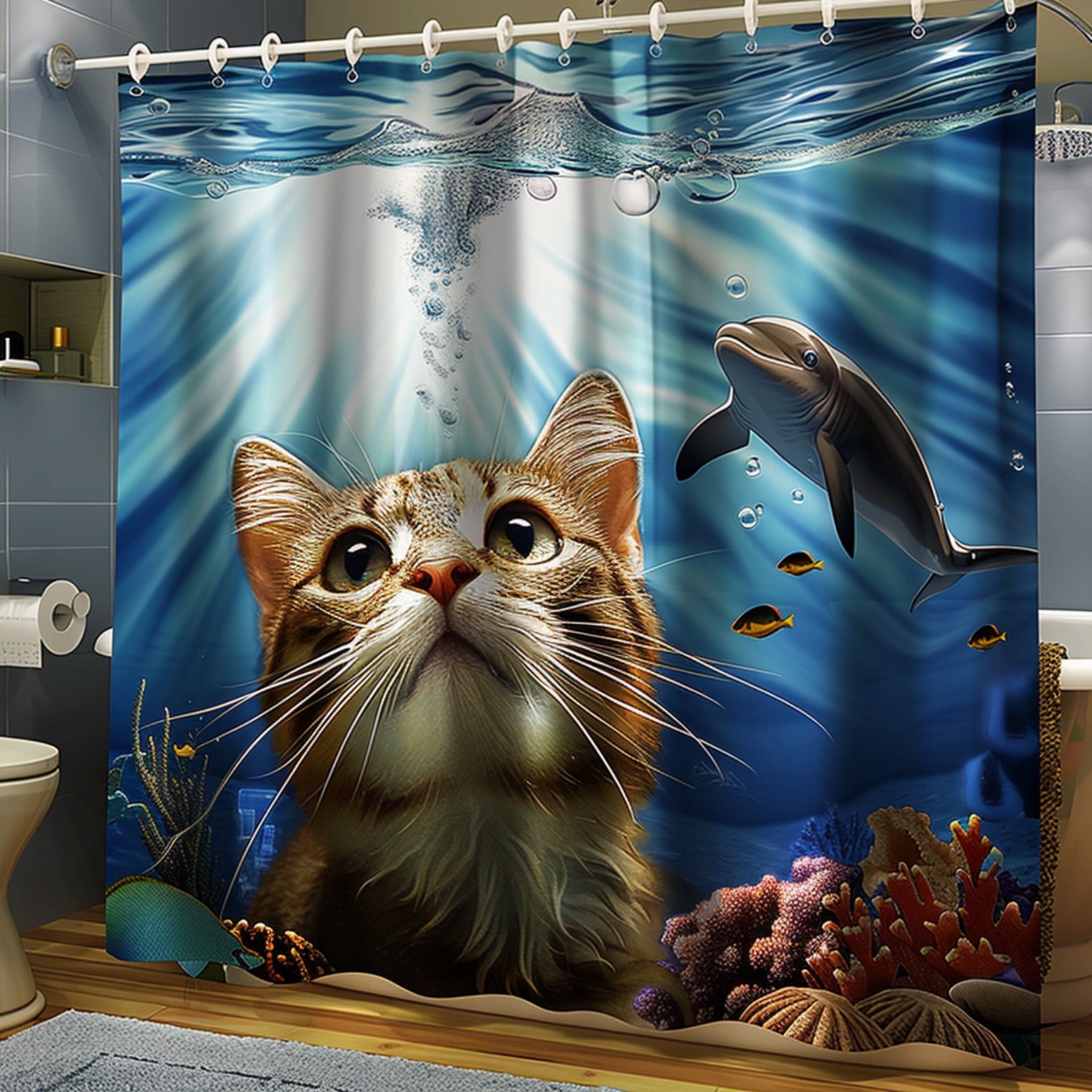 Underwater Cat and Eel Surreal Scene Shower Curtain with Coral Reefs
