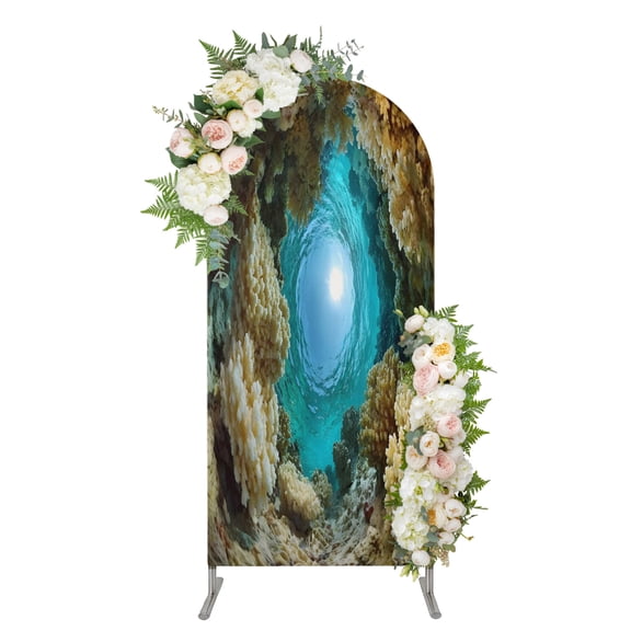 Underwater Cave Arch Backdrop Cover 4FT, Sunbeams Coral Coastal Spandex Fitted Stretchy Arch Stand Covers, Round Top Chiara Backdrop Cover for Wedding Party Birthday Baby Shower