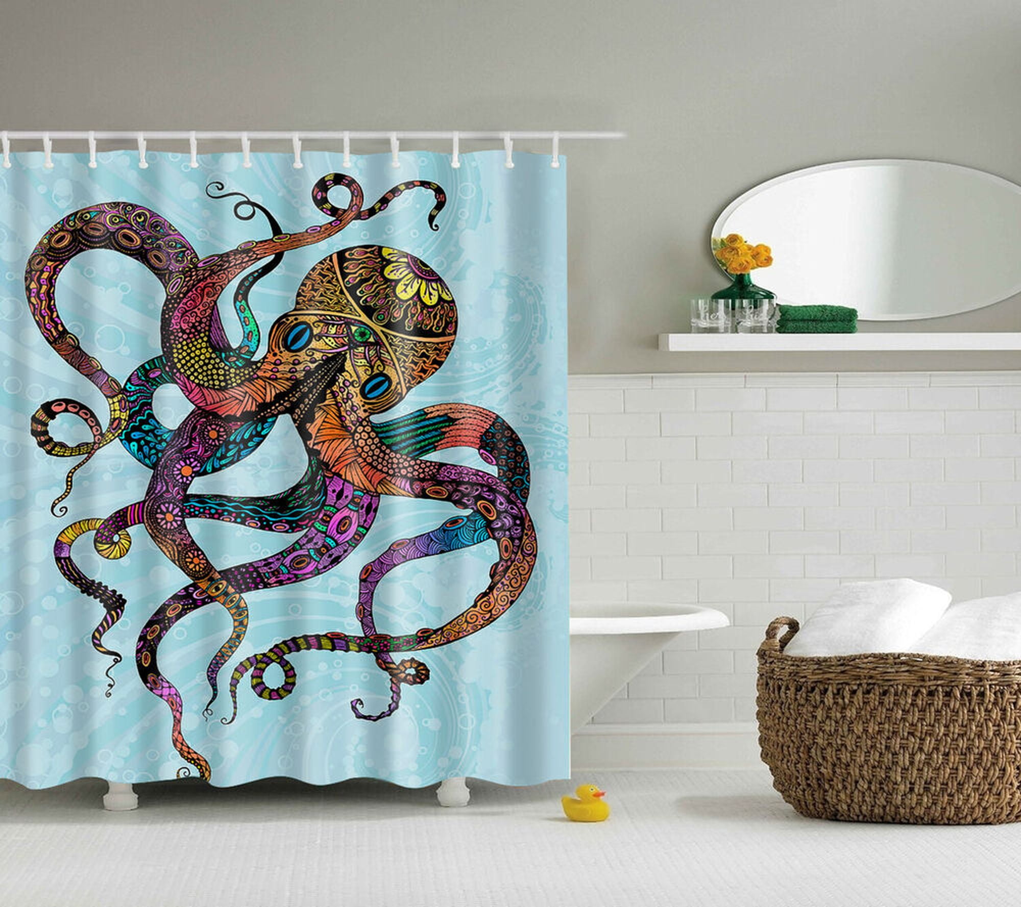 Underwater Charm Extra Long Octopus Shower Curtain with Hooks for