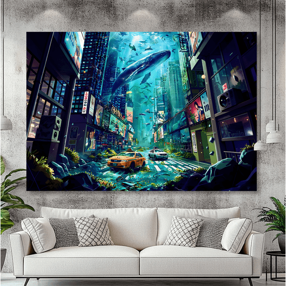 Underwater City Tapestry, Surreal Whale Swimming in Sky Above Flooded Metropolis, Cyberpunk Aesthetic Wall Art, Sci-Fi Anime Decor for Bedroom, Dorm, Living Room