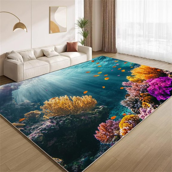 Underwater Coral Area Rugs, Blue Ocean Carpet, Washable Non Slip Low Pile Soft Rug for Bedroom Living Room Decor Mat 2ftx3ft