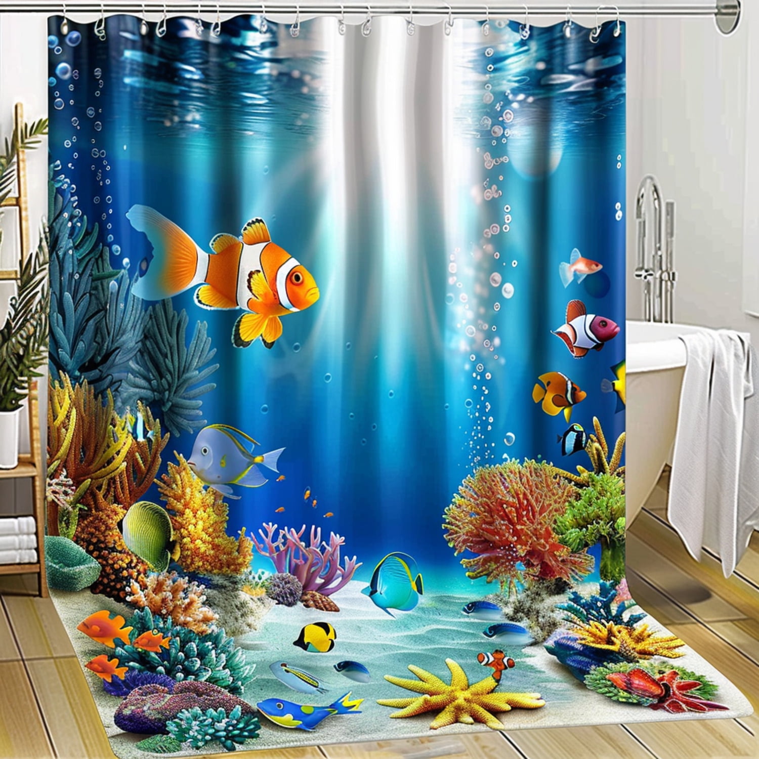 Underwater Coral Reef Shower Curtain with Goldfish and Anemones Bright ...