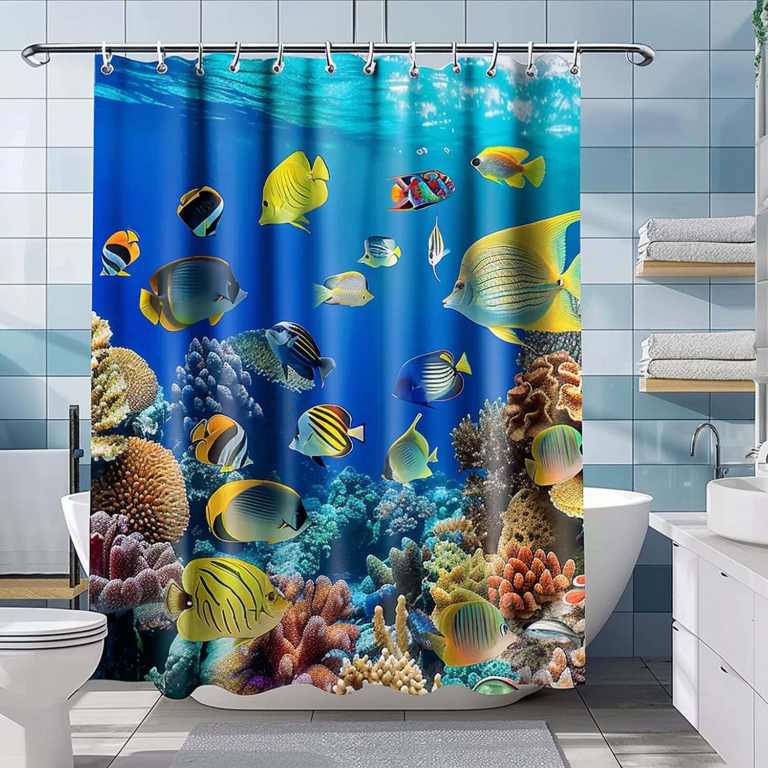 Underwater Coral Reef Shower Curtain Tropical Fish Bathroom Decor Blue