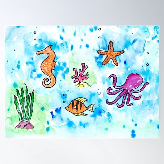 Underwater Creatures Abstract, Watercolor Poster Wall Art, Modern Wall Decor For Living Room Bedroom, 24x36 UNFRAMED