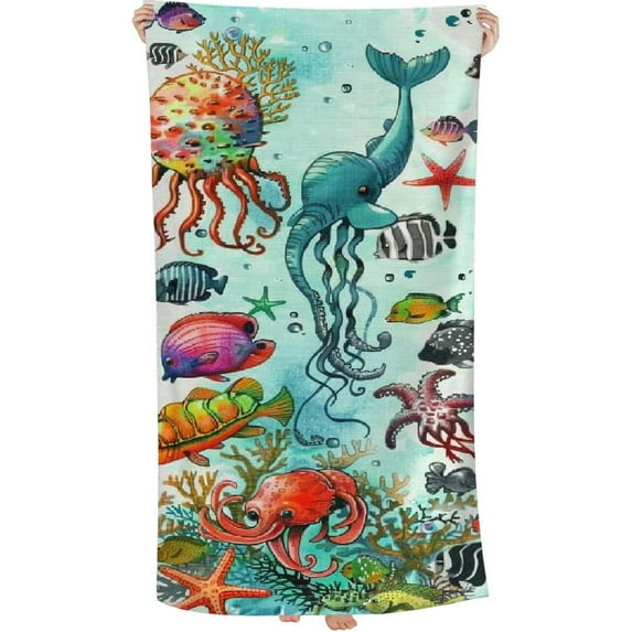 Underwater Creatures Printed Pool Towel Oversized Travel Must Have for The Swimming Summer Cruise Ship Essentials