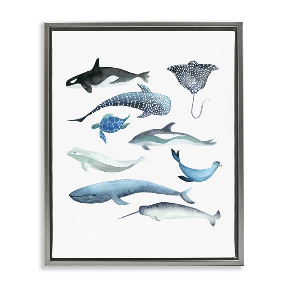 Stupell Industries Underwater Creatures in Blues Gray Framed Floater Canvas Wall Art, design by Evelyn Coleman, 21 x 17
