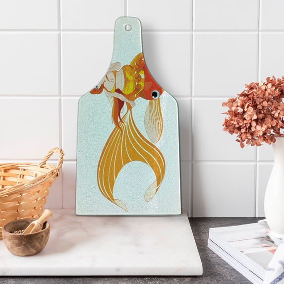 Underwater Cutting Board, Cartoon Mermaid Riding on Goldfish Swimming Animals Happy, Decorative Tempered Glass Cutting and Serving Board, Wine Bottle Shape, Orange Marigold White, by Ambesonne