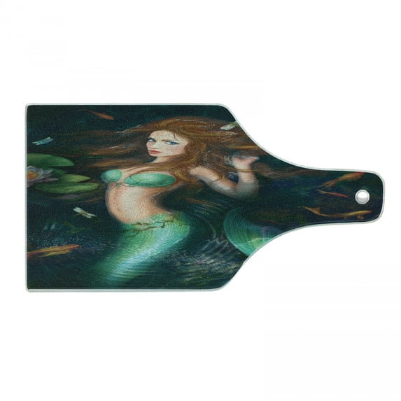 Underwater Cutting Board, Fantasy Mermaid in Lake with Lilies Blossom Plants Leaves, Decorative Tempered Glass Cutting and Serving Board, Wine Bottle Shape, Green Brown Jade Green, by Ambesonne