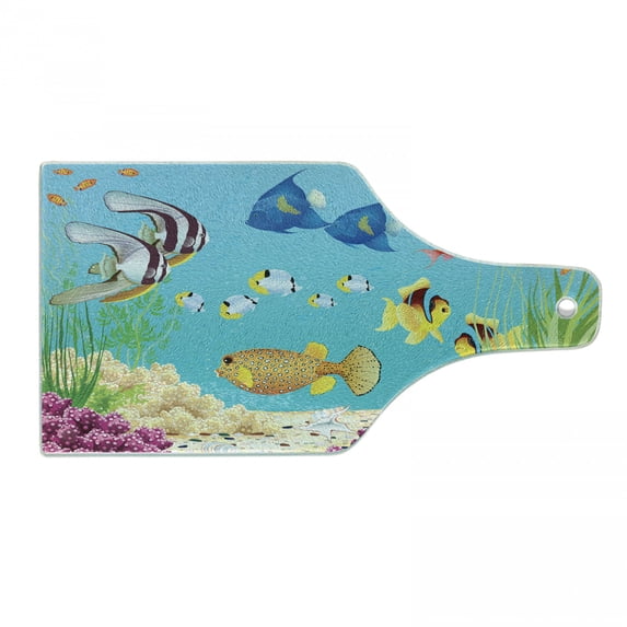 Underwater Cutting Board, Landscape Various Water Plants and Exotic Fishes Aquatic Print, Decorative Tempered Glass Cutting and Serving Board, Wine Bottle Shape, Multicolor, by Ambesonne