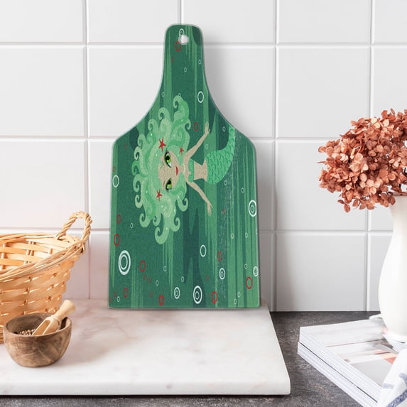 Underwater Cutting Board, Mermaid Cartoon Water Bubbles and Starfish Curly Fictional Print, Decorative Tempered Glass Cutting and Serving Board, Wine Bottle Shape, Green, by Ambesonne