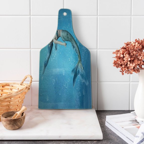 Underwater Cutting Board, Mermaid Fishtail Floating Bubbles Mythical Creature Ocean Life Art Print, Decorative Tempered Glass Cutting and Serving Board, Wine Bottle Shape, Blue, by Ambesonne