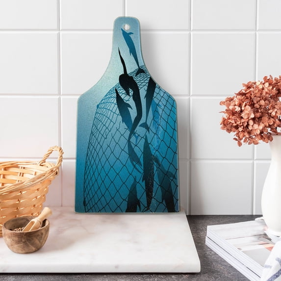 Underwater Cutting Board, Mermaid Rescues Flight of Dolphins from Fishing Net Freedom Diverrtwork Print, Decorative Tempered Glass Cutting and Serving Board, Wine Bottle Shape, Blue, by Ambesonne