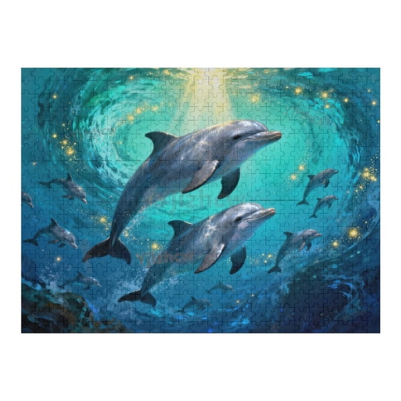 Underwater Dolphin School Scene Wooden Jigsaw Puzzle 500 Pieces for Adults, Tabletop Activity, Challenging Indoor Puzzle Game, Home Decor, Brain Teaser, Relaxing Hobby Entertainment