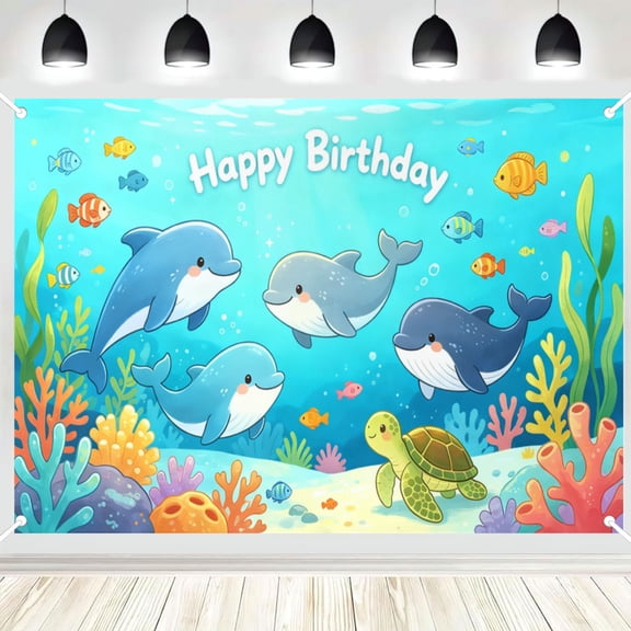 Underwater Dolphin Turtle Birthday Backdrop, Ocean Animal Kids Party Photo Background Decor 3x5ft