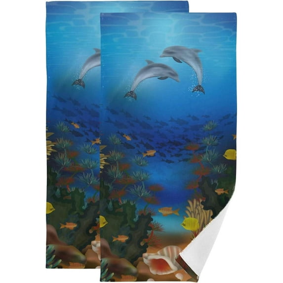 Underwater Dolphins Seashell Hand Towels, Tropical Fishes School Kitchen Towel Ultra Soft and Absorbent,Decorative Fingertip Face Towel for Bathroom Hotel, 2 PCS, 28.3"x 14.4"