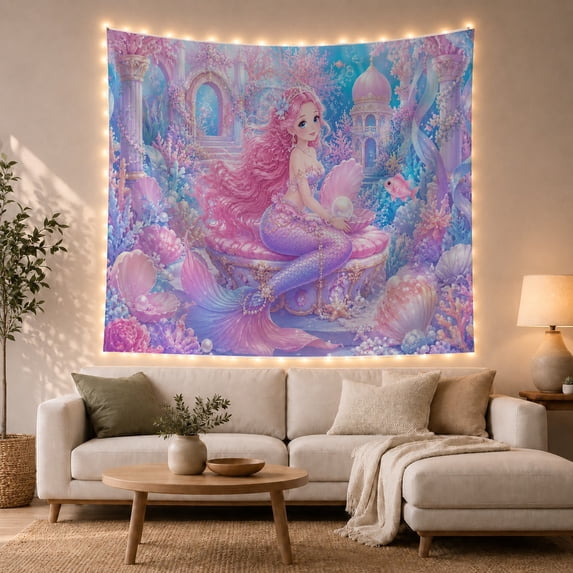 Pink-Haired Mermaid Tapestry Wall Hanging