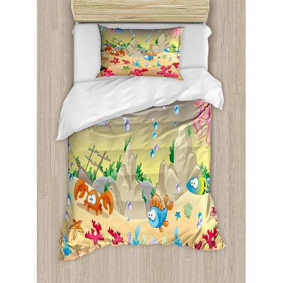 Underwater Duvet Cover Set, Cartoon Design Funny Sea Animals Fishes Sunken Ship Coral Reef and Bubbles, Decorative 2 Piece Bedding Set with 1 Pillow Shams, Twin Size, Multicolor, by Ambesonne