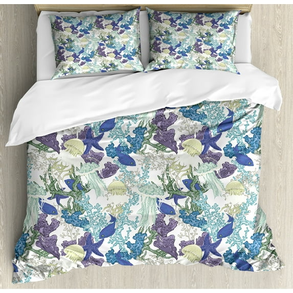Underwater Duvet Cover Set, Coral Reef Deep Ocean Jellyfish Starfish Exotic Marine Animals Sea, Decorative 3 Piece Bedding Set with 2 Pillow Shams, King Size, Dark Lavender Mint Green, by Ambesonne