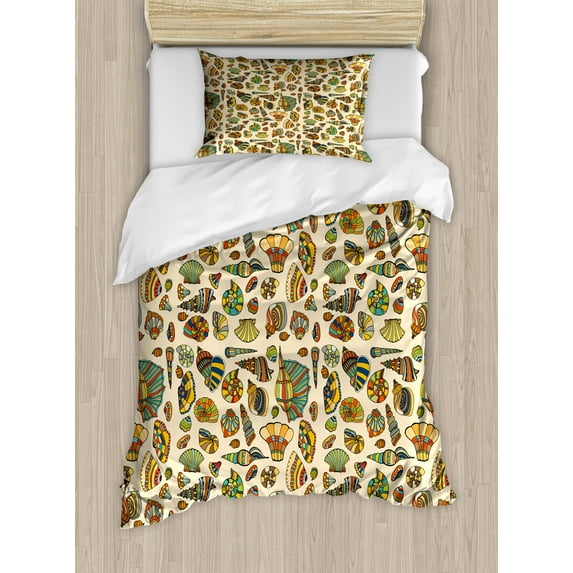Underwater Duvet Cover Set, Ethnic Ocean Creatures Aquatic Starfish Sea Shells Cockleshell Pattern, Decorative 2 Piece Bedding Set with 1 Pillow Shams, Twin Size, Champagne Multicolor, by Ambesonne