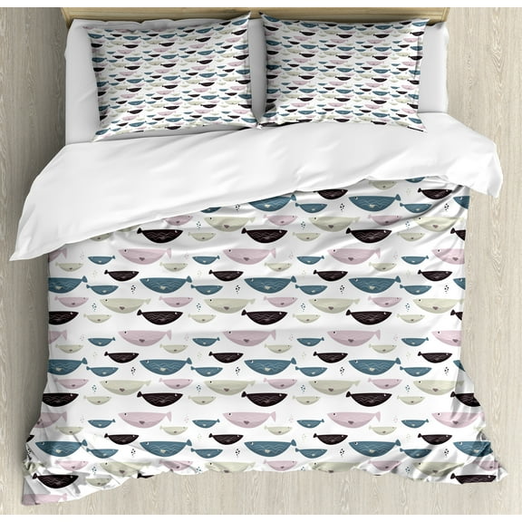 Underwater Duvet Cover Set, Funny Shapes of Fish with Wavy Stripes, Decorative 3 Piece Bedding Set with 2 Pillow Shams, Queen Size, White Multicolor, by Ambesonne