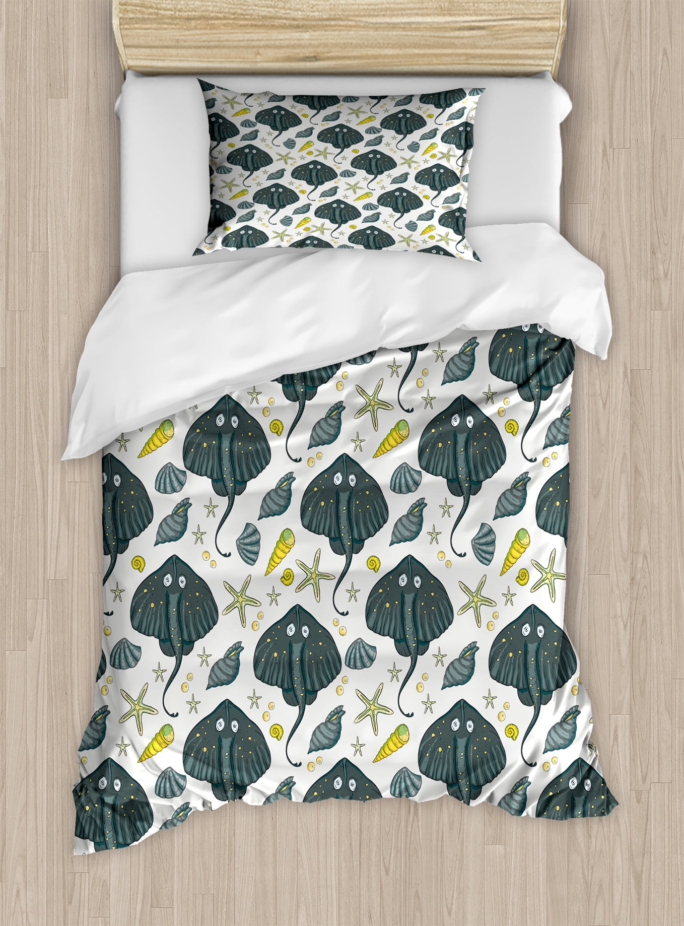 Underwater Duvet Cover Set, Funny Stingray and Starfish Nautilus Sea