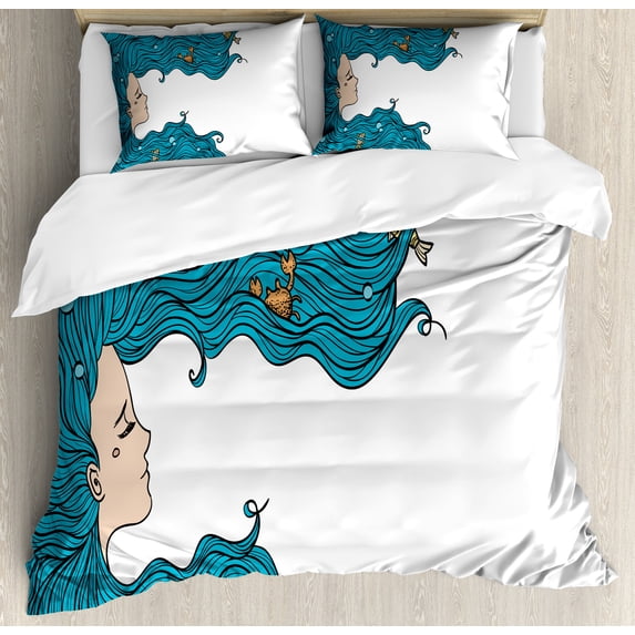 Underwater Duvet Cover Set, Girl with Oceanic Hairstyle Fishes and Crab in Waves Imaginary Art, Decorative 3 Piece Bedding Set with 2 Pillow Shams, Queen Size, Petrol Blue White, by Ambesonne