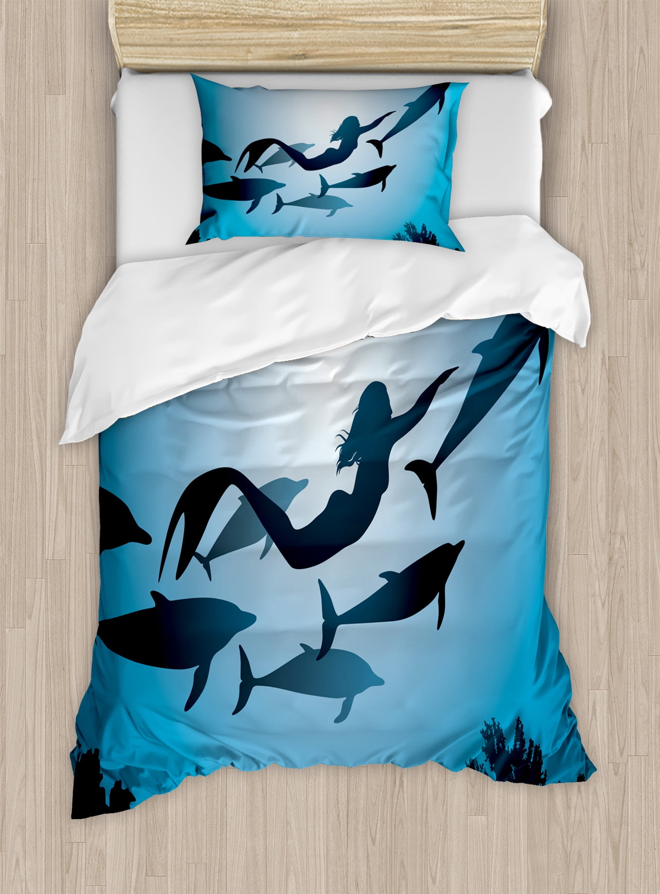 Twin Blue Black Microfiber Underwater Mermaid Duvet Cover Set