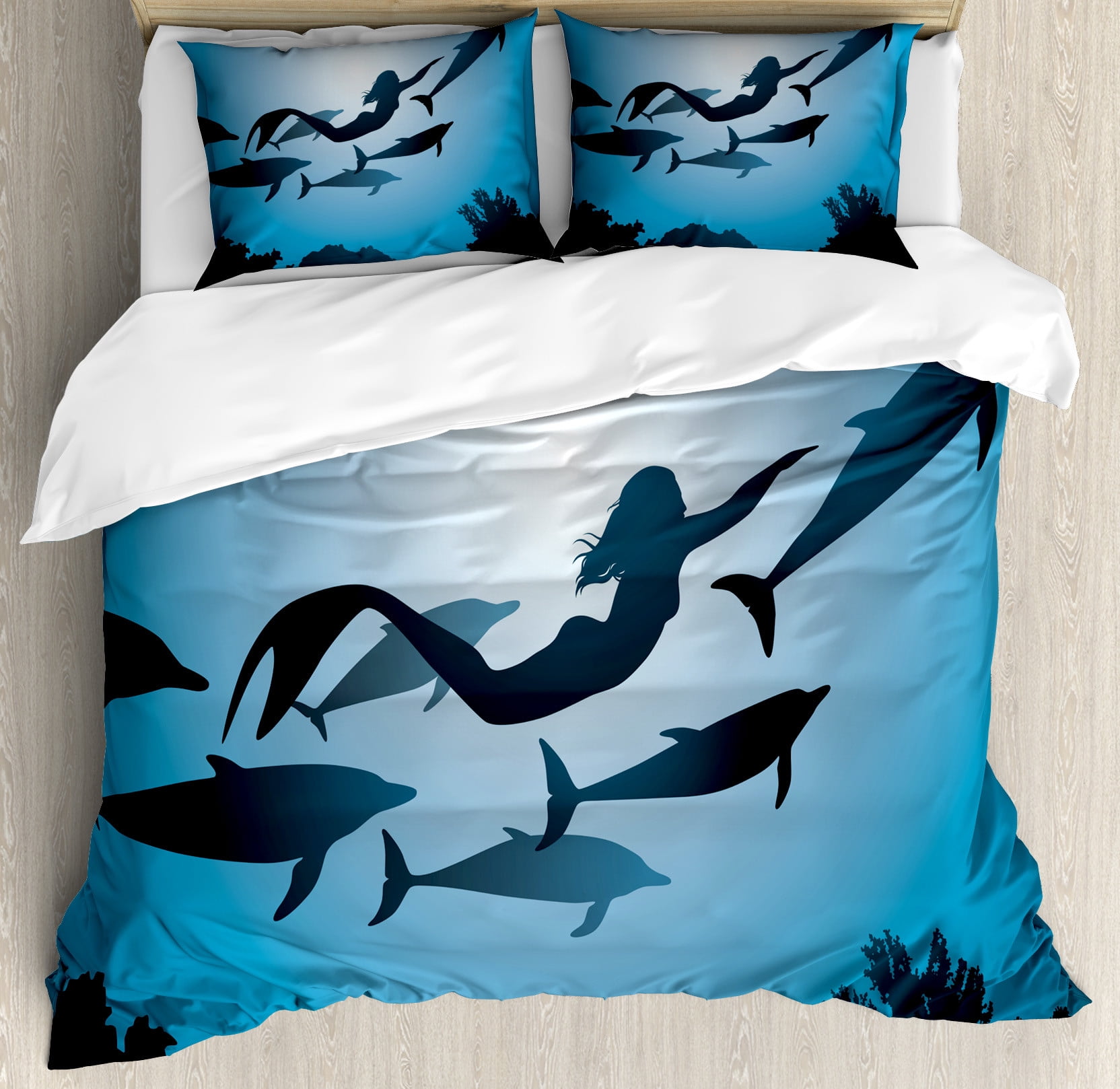 Underwater Duvet Cover Set, Mermaid and Dolphins Underwater View Travel