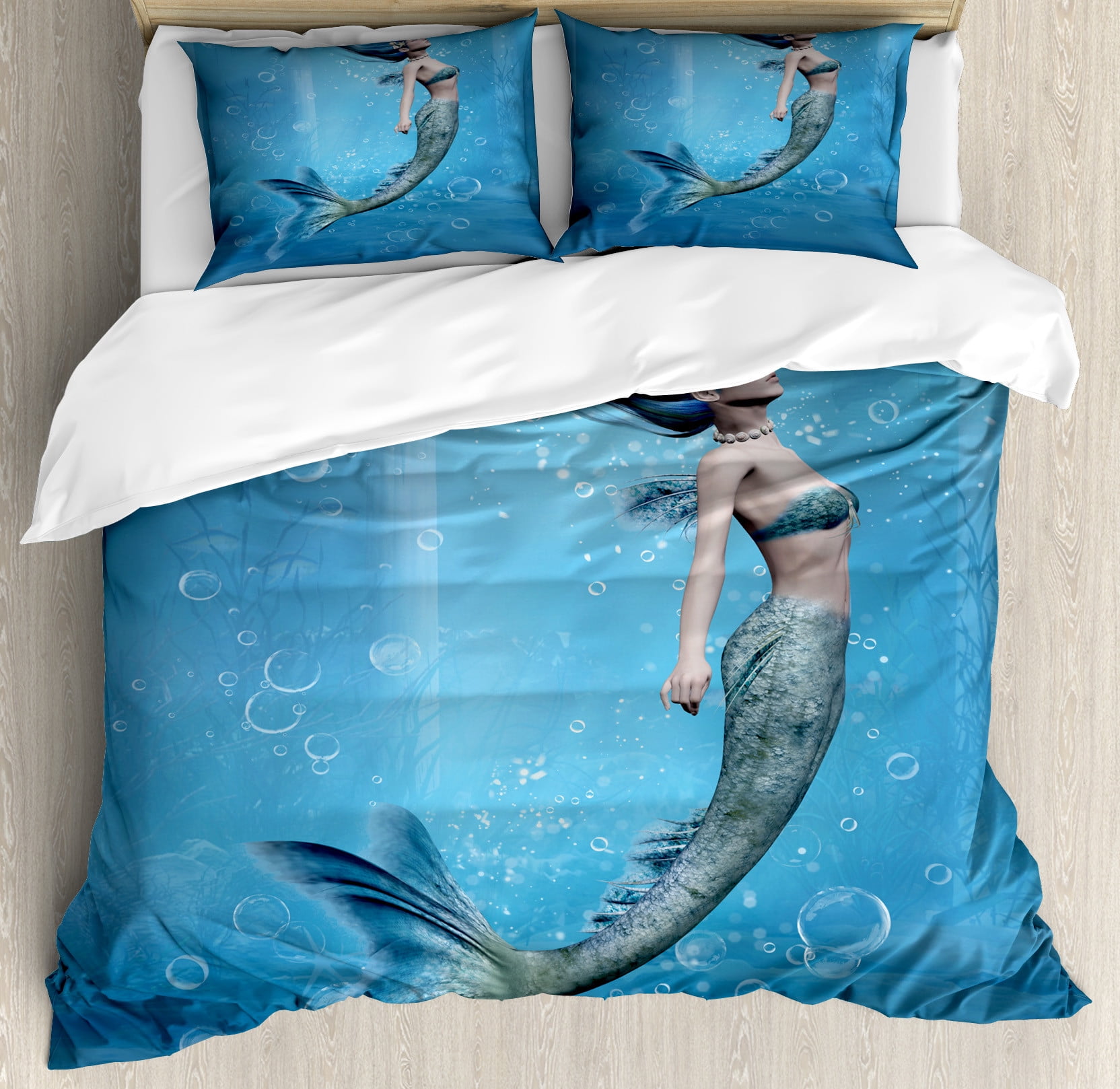 Underwater Duvet Cover Set, Mermaid Fishtail Floating Bubbles Mythical