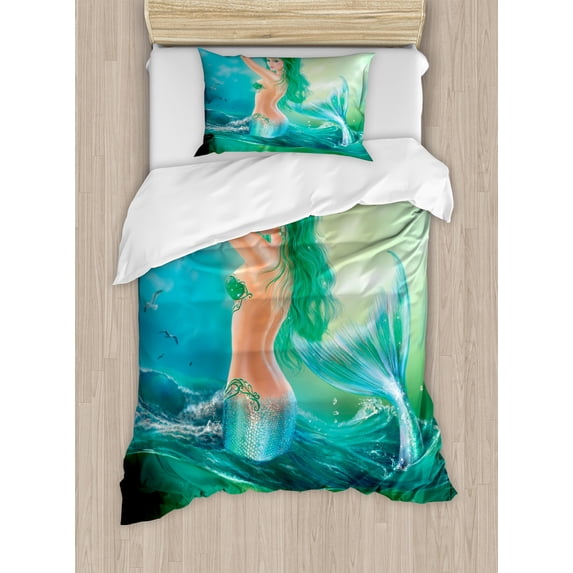 Underwater Duvet Cover Set, Mermaid in Ocean on Waves Tail Sea Creatures Dramatic Sky Dark Clouds Print, Decorative 2 Piece Bedding Set with 1 Pillow Shams, Twin Size, Blue Green, by Ambesonne