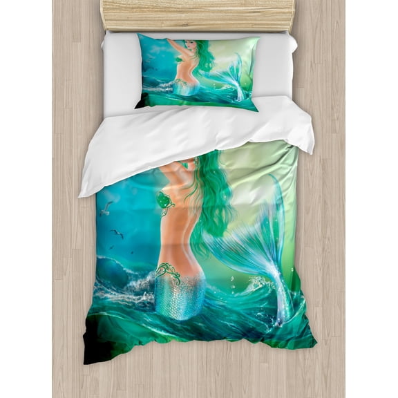 Underwater Duvet Cover Set, Mermaid in Ocean on Waves Tail Sea Creatures Dramatic Sky Dark Clouds Print, Decorative 2 Piece Bedding Set with 1 Pillow Shams, Twin Size, Blue Green, by Ambesonne