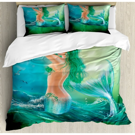 Underwater Duvet Cover Set, Mermaid in Ocean on Waves Tail Sea Creatures Dramatic Sky Dark Clouds Print, Decorative 3 Piece Bedding Set with 2 Pillow Shams, King Size, Blue Green, by Ambesonne