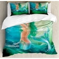 thumbnail image 1 of Underwater Duvet Cover Set, Mermaid in Ocean on Waves Tail Sea Creatures Dramatic Sky Dark Clouds Print, Decorative 3 Piece Bedding Set with 2 Pillow Shams, Queen Size, Blue Green, by Ambesonne, 1 of 3