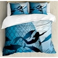 thumbnail image 1 of Underwater Duvet Cover Set, Mermaid Rescues Flight of Dolphins from Fishing Net Freedom Diverrtwork Print, Decorative 3 Piece Bedding Set with 2 Pillow Shams, Calking Size, Blue, by Ambesonne, 1 of 3