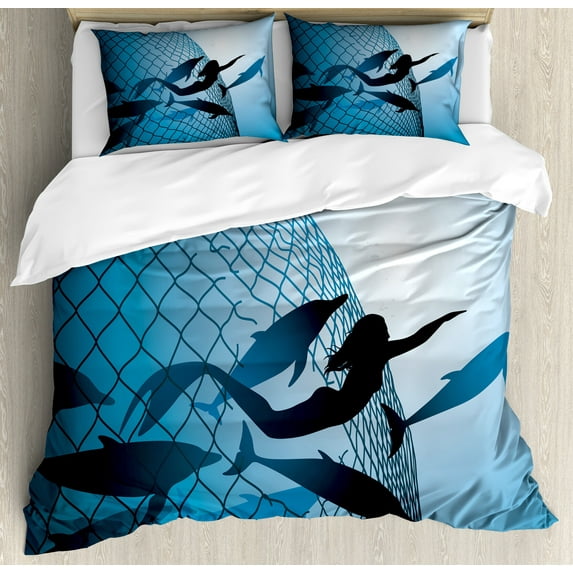 Underwater Duvet Cover Set, Mermaid Rescues Flight of Dolphins from Fishing Net Freedom Diverrtwork Print, Decorative 3 Piece Bedding Set with 2 Pillow Shams, Calking Size, Blue, by Ambesonne