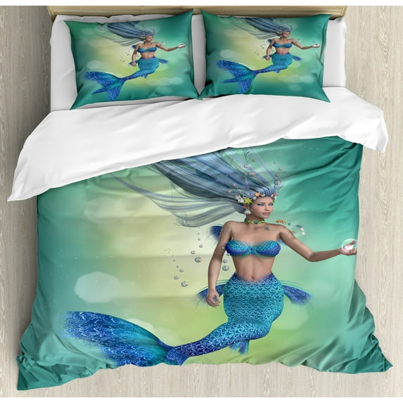 Underwater Duvet Cover Set, Mermaid Upper Body of a Woman and the Tail of Fish for Swimming Marine Life, Decorative 3 Piece Bedding Set with 2 Pillow Shams, Queen Size, Teal Pale Blue, by Ambesonne
