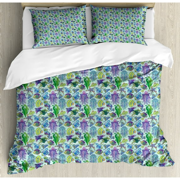 Underwater Duvet Cover Set, Modern Sea Life Colorful Jellyfish Seahorse Exotic Aquarium, Decorative 3 Piece Bedding Set with 2 Pillow Shams, King Size, Purple Turquoise and Green, by Ambesonne