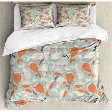Underwater Duvet Cover Set, Ocean Animal Whales Swimming Pattern Marine Life Illustration, Decorative 3 Piece Bedding Set with 2 Pillow Shams, Calking Size, Salmon Coconut Turquoise, by Ambesonne