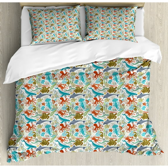 Underwater Duvet Cover Set, Repetitive Jumble Colorful Seaweeds and Underwater Creatures Fish Turtle Crab, Decorative 3 Piece Bedding Set with 2 Pillow Shams, Calking Size, Multicolor, by Ambesonne