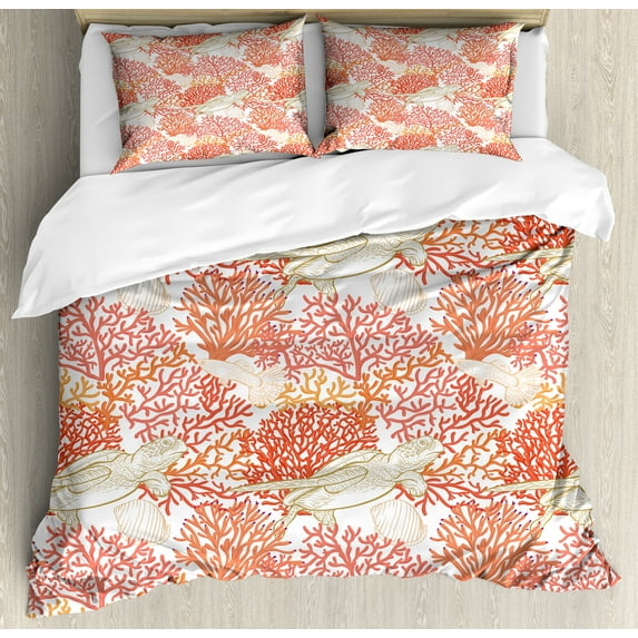 Underwater Duvet Cover Set, Sea World Pattern with Tortoiseshell Swimming amongst Coral Reef, Decorative 3 Piece Bedding Set with 2 Pillow Shams, King Size, Dark Coral and Pale Orange, by Ambesonne