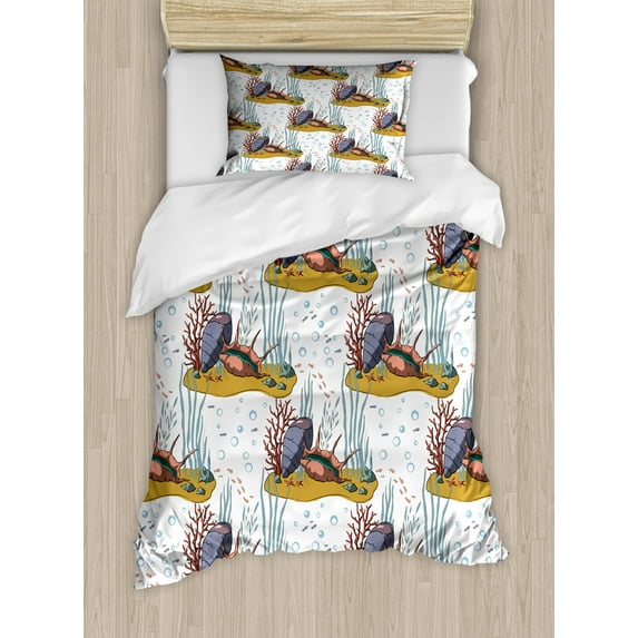 Underwater Duvet Cover Set Twin Size, Marine Composition of Coral Reef Sea Shells Corals and Bubbles, Decorative 2 Piece Bedding Set with 1 Pillow Sham, Dark Yellow Multicolor, by Ambesonne
