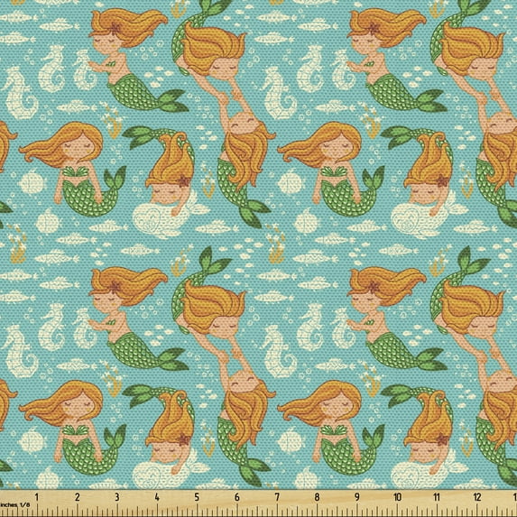 Ambesonne Mermaid Fabric by the Yard Upholstery, Cartoon Character Sea, 2 Yards, Turquoise Marigold Green