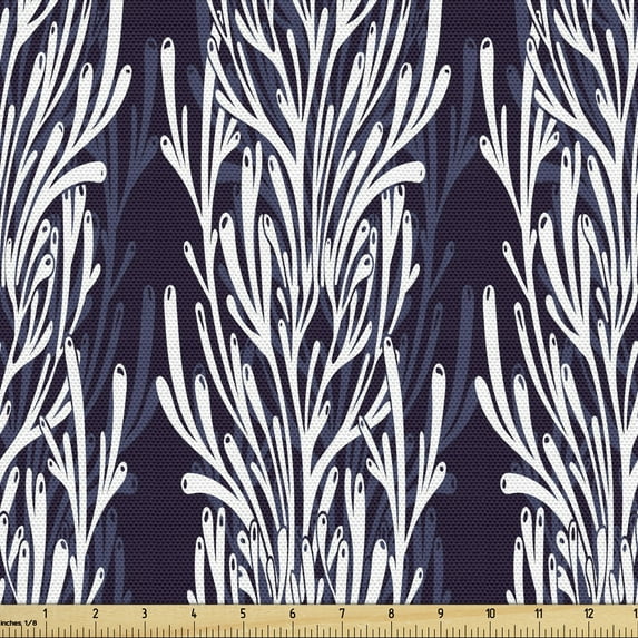 Ambesonne Underwater Fabric by the Yard Upholstery, Reef Marine Foliage Sea, 3 Yards, Dark Indigo and White