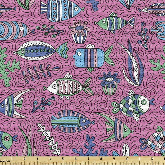 Ambesonne Underwater Fabric by the Yard Upholstery, Marine Fishes Cartoon, 2 Yards, Pink and Blue Violet