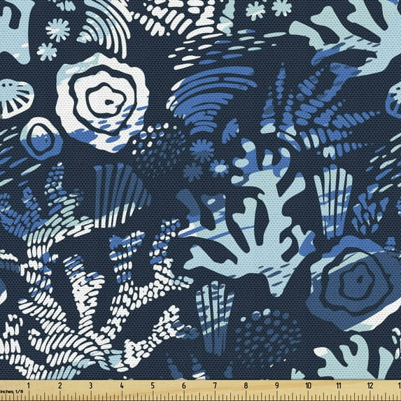 Ambesonne Underwater Fabric by the Yard Upholstery, Deep Sea Blue Corals, 10 Yards, Dark Violet Blue White